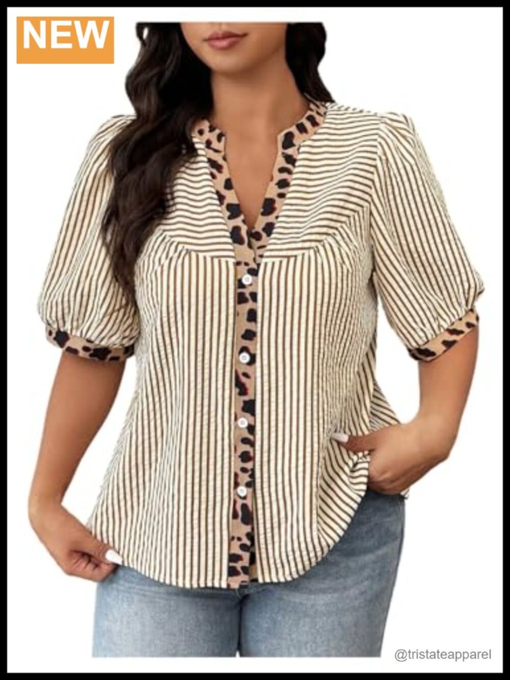 Plus Size Leopard Button Up Blouse Striped Half Sleeve Shirt